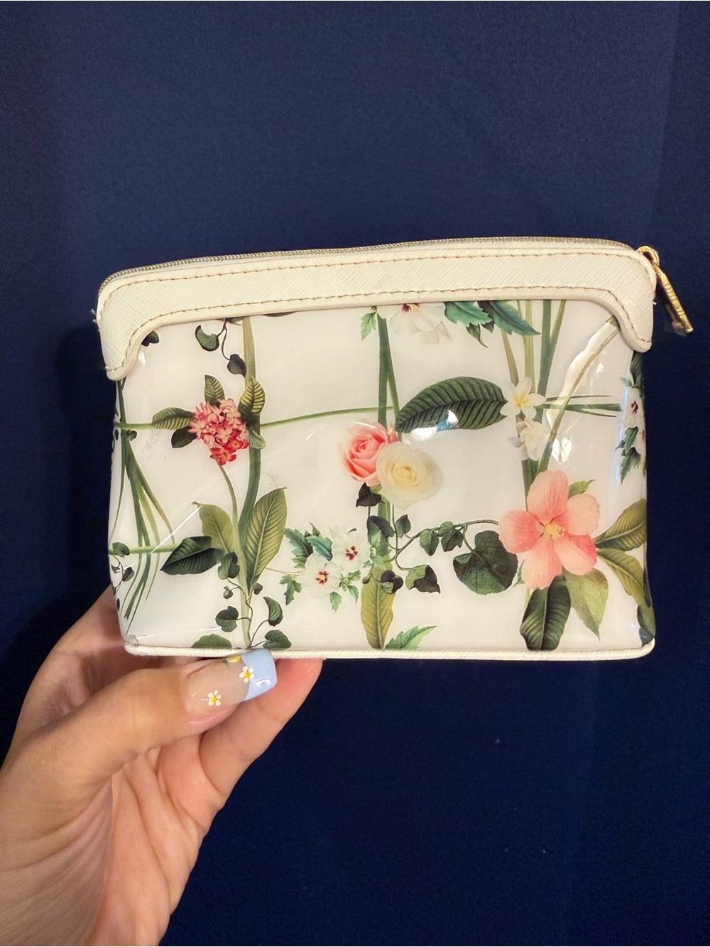 Floral Patent Zip Pouch - White with Pink & Green Floral Print